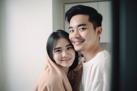 portrait, love and couple in home together with smile on face while bonding at weekendの素材