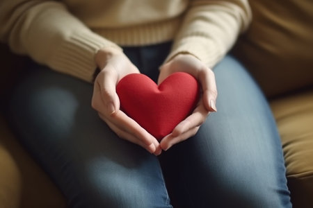 woman, heart and love in house for relationship, happiness or peace on sofa with careの素材