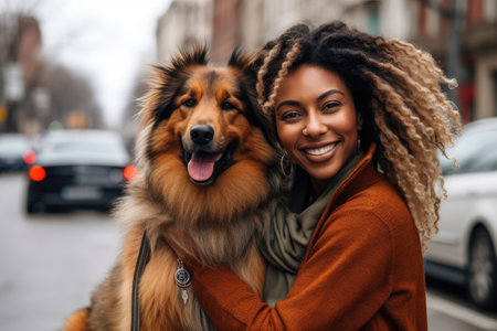 fun, happy and portrait of an african american woman with a dog in the city for their petの素材