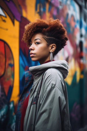 shot of a trendy young woman standing in front of an urban graffiti wallの素材