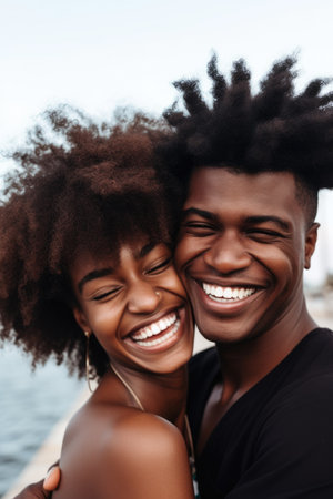 black couple, fashion and smile portrait of happiness in a city by ocean with love on white backgroundの素材
