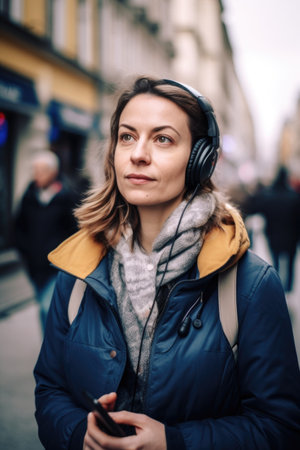 phone, woman and portrait with headset for communication in city street while listening to musicの素材