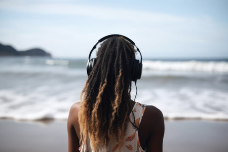rearview shot of a young woman wearing headphones while listening to music at the beachの素材