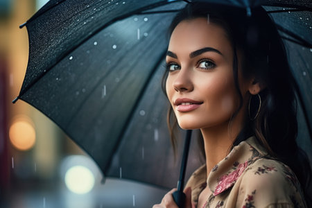 shot of a beautiful woman standing under an umbrella while in the rainの素材