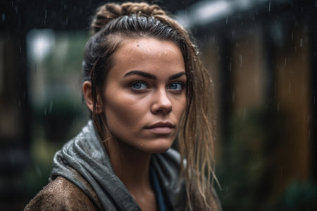 shot of an attractive young woman standing outside in the rainの素材