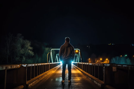 shot of a man standing on the bridge at nightの素材