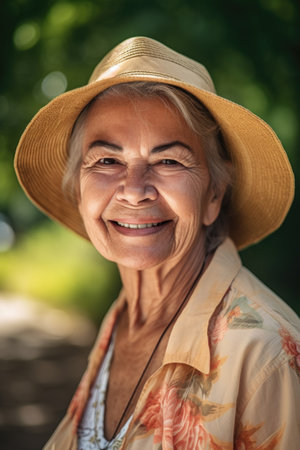 senior woman, portrait and smile with happiness in sunshine outdoor on beautiful summer dayの素材