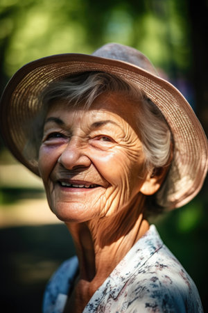 senior, portrait and face of a woman at park for retirement, freedom and happy on sunny dayの素材