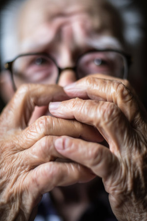 senior man, hands and vision problem in elderly health with glasses blurred by blur toolの素材