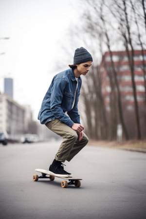 shot of a young man riding his skateboardの素材