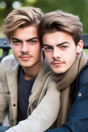 cropped portrait of two handsome young men sitting on a benchの素材