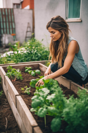 shot of an attractive young woman working on her urban farmの素材