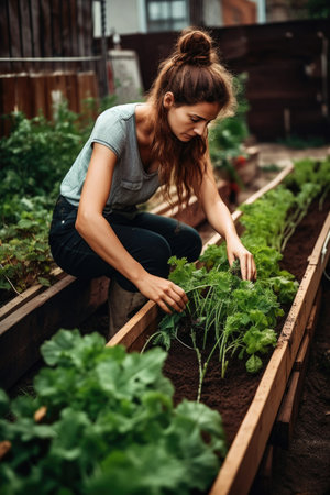 shot of a young female farmer tending to her crops in the urban farming industryの素材
