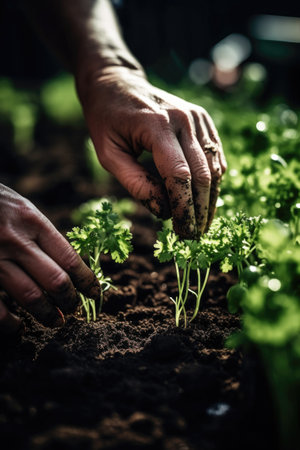 shot of a woman planting seedlings in the soil on her urban farmの素材