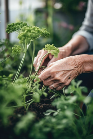 cropped shot of an unrecognizable woman pruning a plant in her backyardの素材