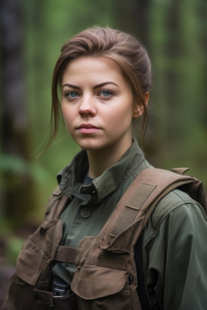 portrait of a young female ranger standing with her arms crossed in the forestの素材