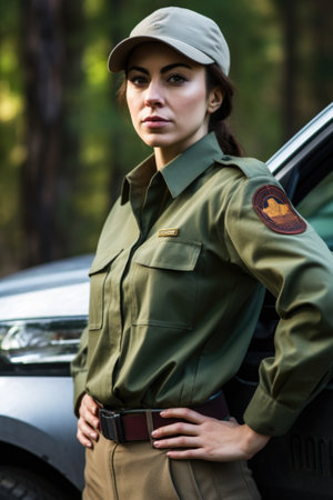 cropped shot of a female ranger standing next to her carの素材