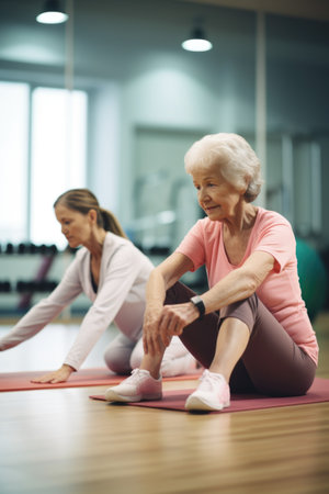 health, senior and woman stretching in a gym for flexibility, wellness or exerciseの素材