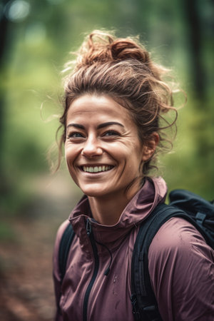 happy, woman and portrait smile with fitness motivation and strong mindset in natureの素材
