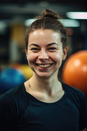fitness, health and happy woman in exercise with a smile during training and workout at the gymの素材