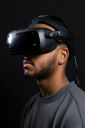 cropped shot of a young man using virtual reality glassesの素材