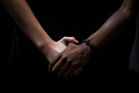 shot of two unrecognizable young people holding hands on a black backgroundの素材
