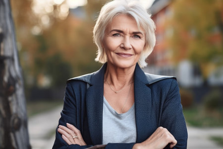 portrait of a mature woman holding a digital tabletの素材