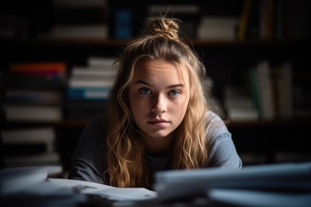 portrait of a young female student in the midst of revisionの素材