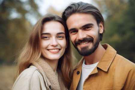 portrait of a smiling young couple standing together outdoorsの素材