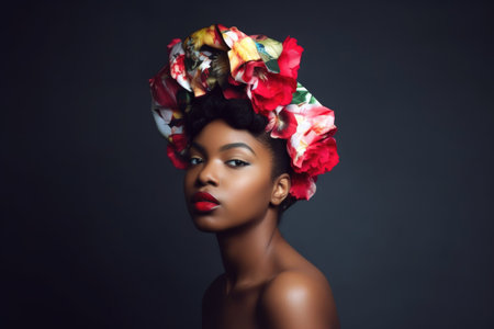 a young woman wearing a stylish floral headdress, vogueing in the studioの素材