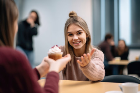 a young woman waving a muffin around during speed datingの素材