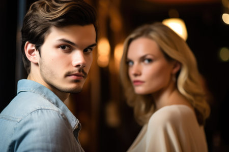 a young man looking over the shoulder of a woman before her next dateの素材