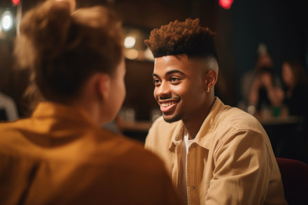 a young man talking to his date during a speed dating eventの素材