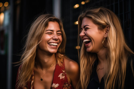 portrait of two friends sharing a laugh while going out on the townの素材