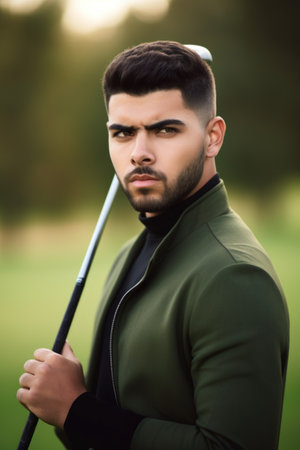 shot of a young man holding a golf club while standing on the greenの素材