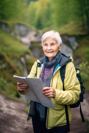 happy, smile and portrait of senior woman with tablet for location tracking on hiking adventureの素材
