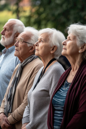 group of senior community members standing together and looking at somethingの素材
