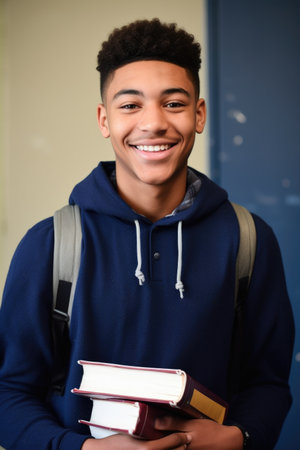 a young looking student holding his books and smiling at the cameraの素材