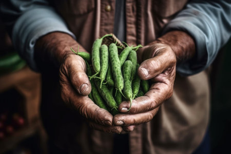 cropped shot of an unrecognizable man holding a bunch of freshly harvested green beans in his handsの素材