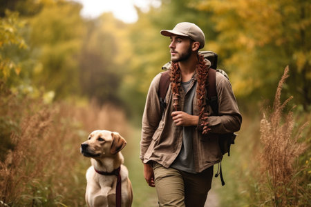 shot of a young man going for a nature walk with his dogの素材