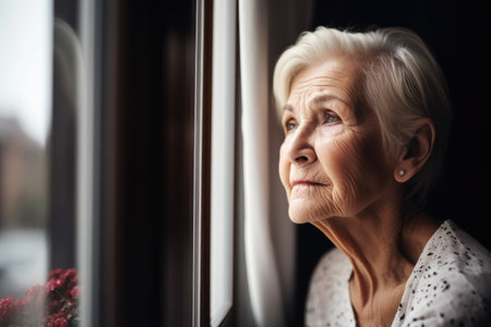 shot of a senior woman looking out the window at homeの素材