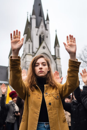 shot of a young woman holding up her hands in protest outside of a cathedralの素材