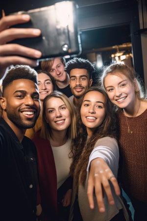 shot of a group of friends taking selfies together at an open mic eventの素材