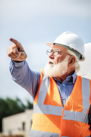 shot of a senior builder pointing at the sustainability project he is working onの素材