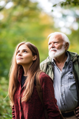 portrait of a young woman and senior man out for a walk in natureの素材