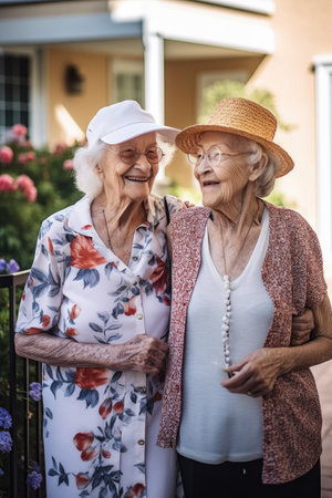 shot of two female friends spending the day together in their retirement communityの素材