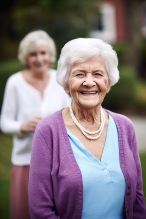 portrait of a happy senior woman standing outside with friendsの素材