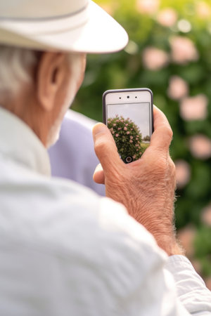 cropped shot of an unrecognizable senior man taking a picture with his cellphone outdoorsの素材