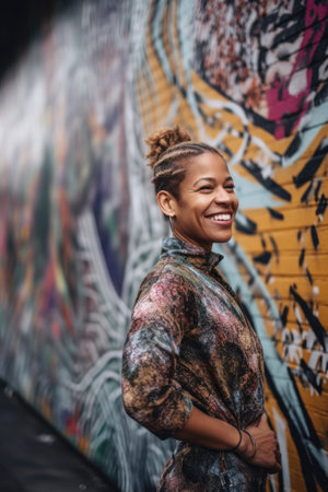 a portrait of a smiling woman standing in front of some awesome urban artの素材