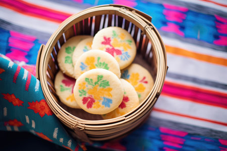 arepas in a basket lined with a colorful clothの素材